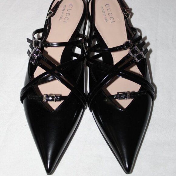 NWB Gucci Seraphine Strappy Buckle Pointed Toe Flats Slingback Black 39.5 796015 - Picture 5 of 9